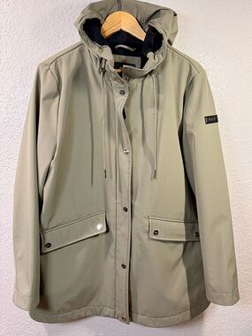 DKNY Hooded Rain Jacket Olive Green Lightweight Waterproof Coat Size L